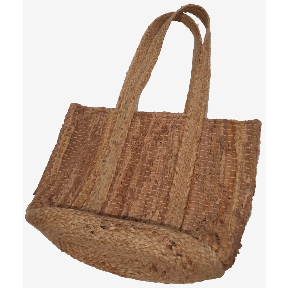 Leather & Virgin Jute Tote Bag Handwoven Heavy Duty Beige Tan Vacation Travel